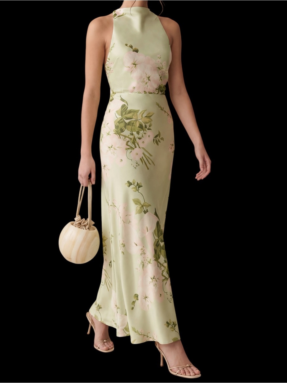 Few Moda o.p.t. Roslyn Silk Dress Sleeveless Floral Halter Maxi Light Green NWT